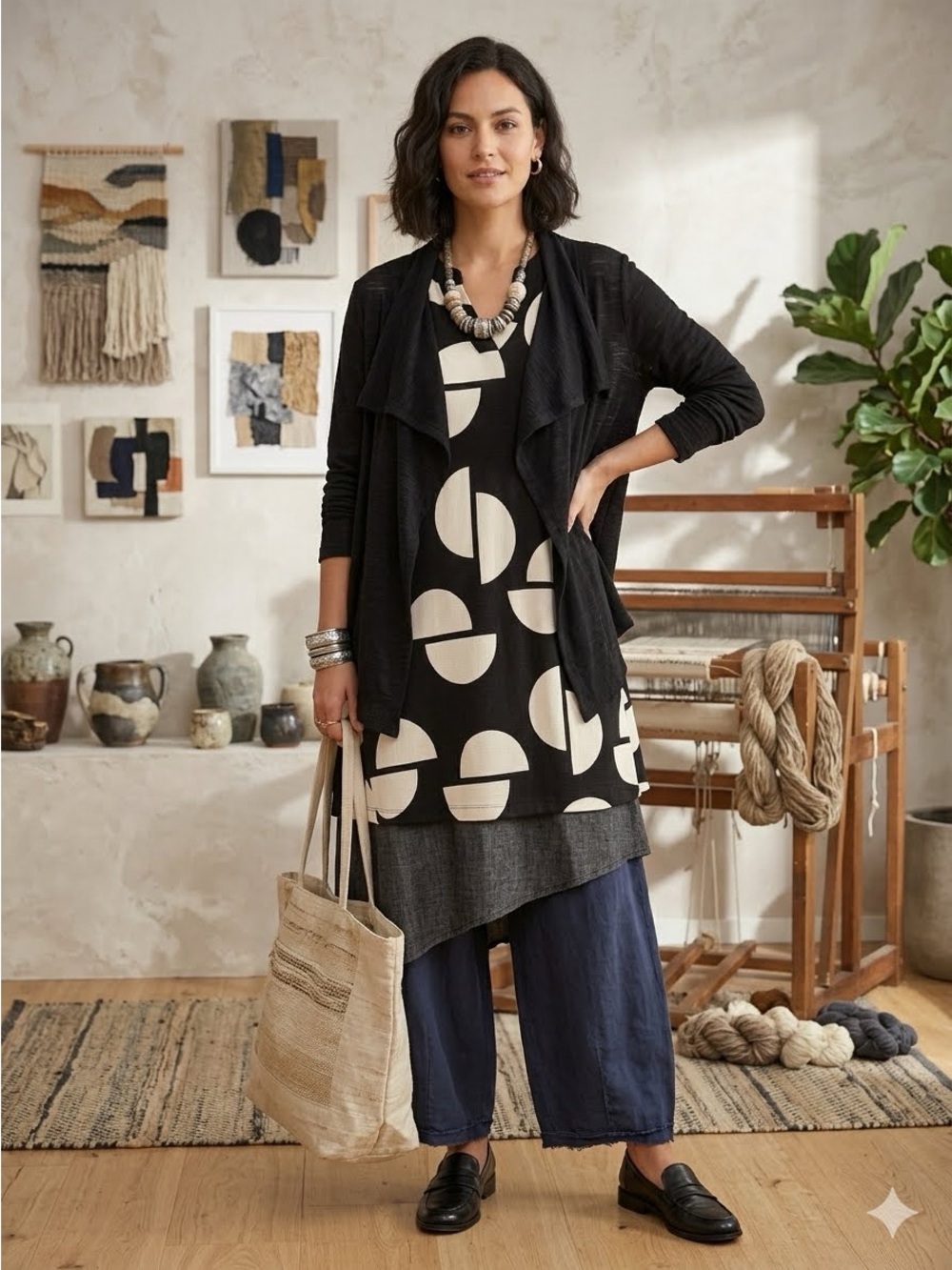 Masai Copenhagen Geometric Print Tunic Top Dress Size M Black & Cream Viscose